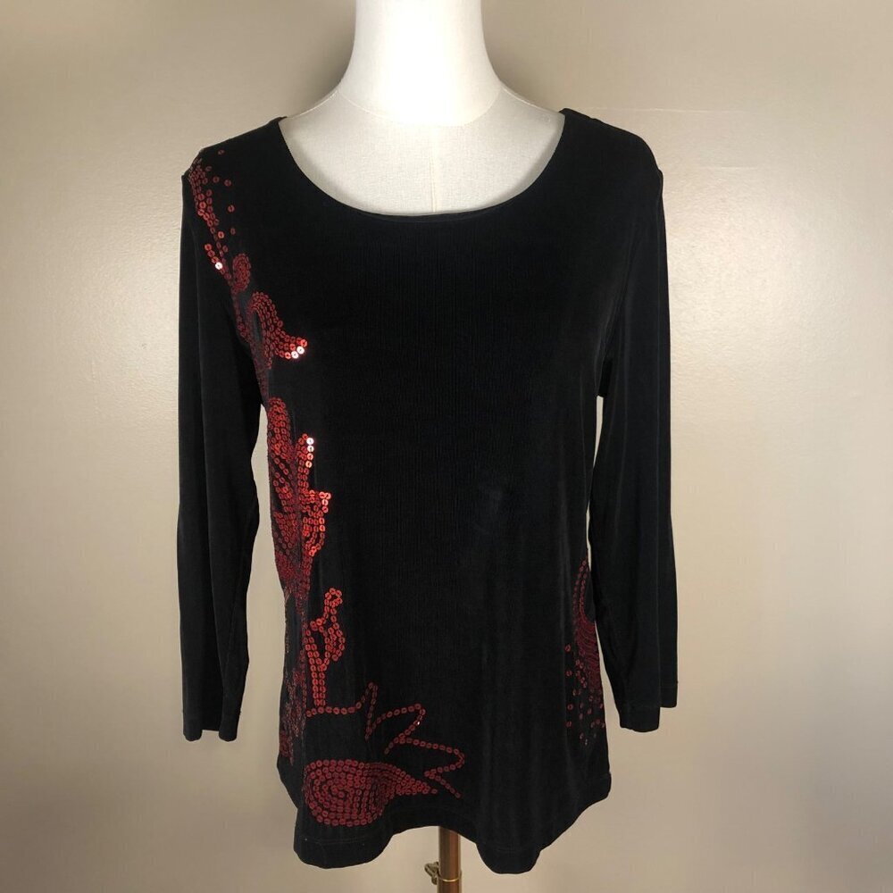 Chico's Travelers 3/4 Sleeve Slinky Black Top with Red Sequin Accent Size 1